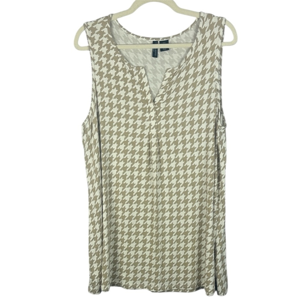 Cynthia Rowley Casual Tan & White Houndstooth Split Neck Tunic 1X Tank Top